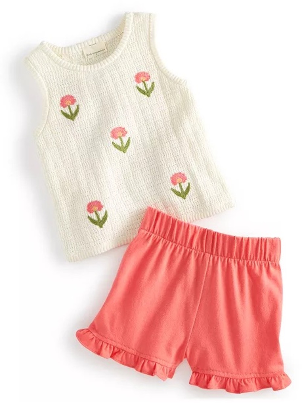 Cream Knit Floral Tank with Coral Ruffle Shorts Set (18 mo)